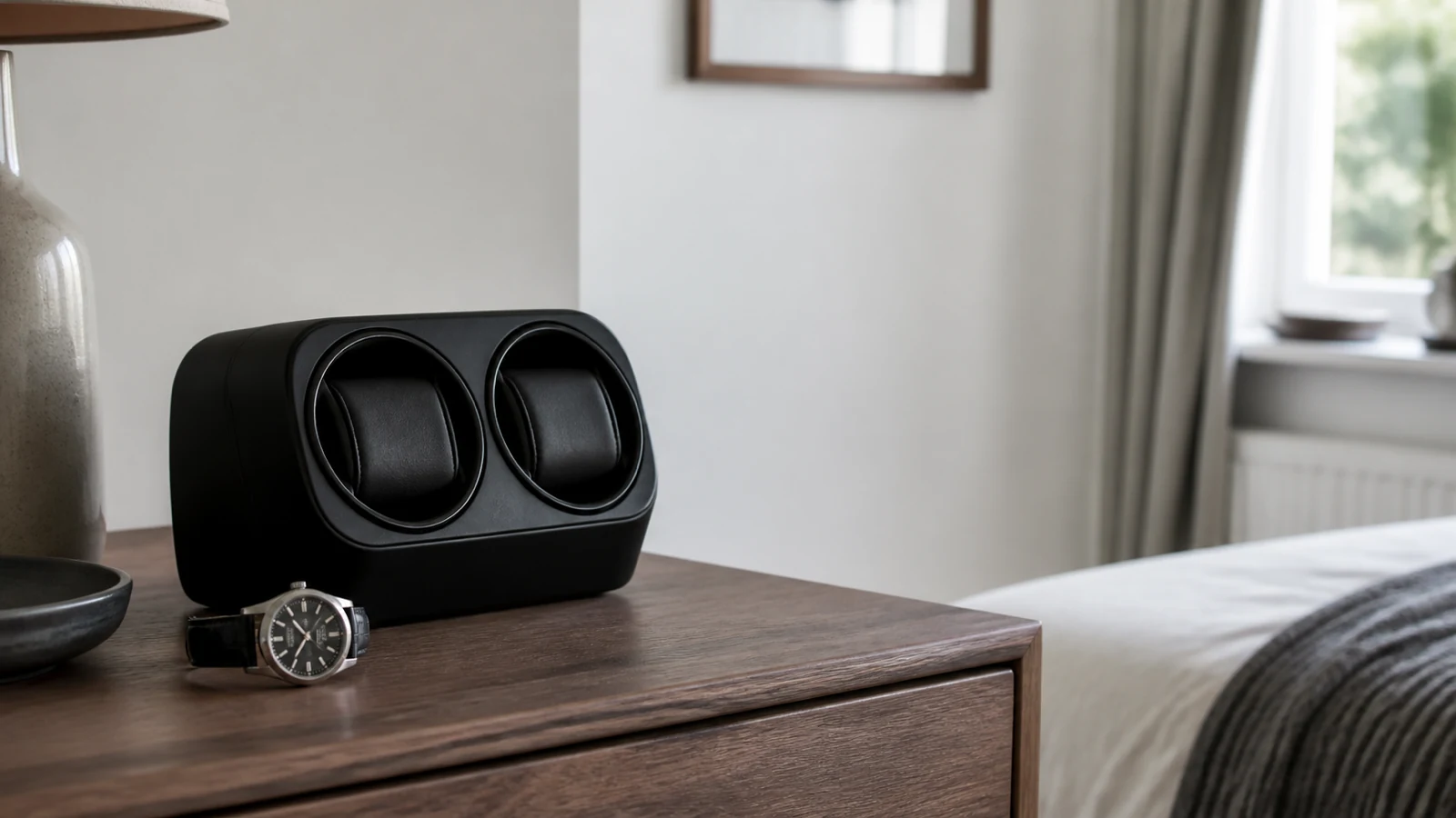 Automatic wristwatch on a UK bedside surface next to a compact dual watch winder, suggesting whether a winder is needed