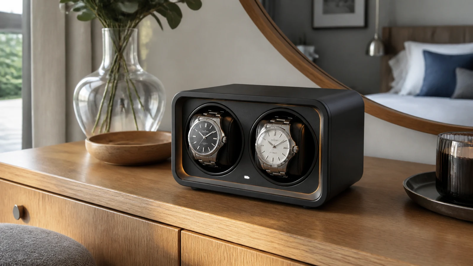 Dual watch winder holding two automatic watches on a UK dresser