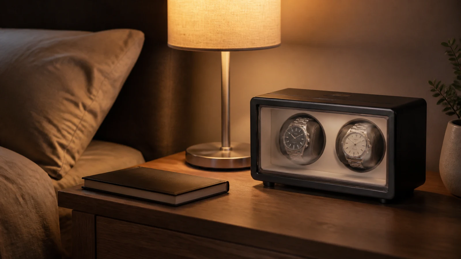 Quiet watch winder on a UK bedroom nightstand in soft evening light