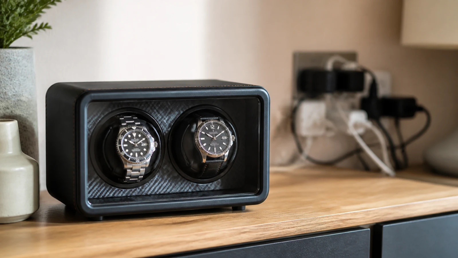Rechargeable cordless watch winder placed freely on a shelf away from wall sockets