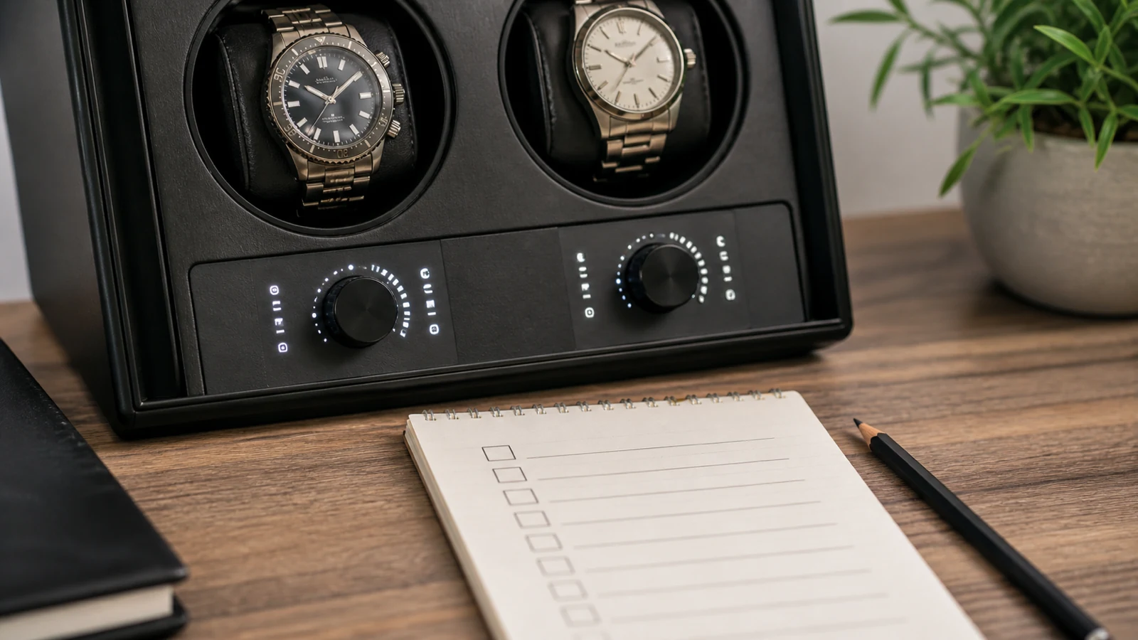 Checklist-style scene for setting watch winder turns per day and rotation direction